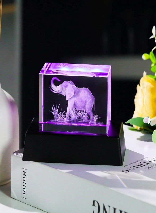 YWHL 3D Crystal Elephant Figurine With Colorful Light Base, Laser Engraved Gifts for Women Men on Christmas Birthday, Animal Collection for Home Table Decor, Clear - Image 2